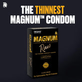 Image of a box of Trojan Magnum "Raw" Large Size Condoms by Trojan. The black box, adorned with yellow and white text, prominently claims, "THE THINNEST MAGNUM™ CONDOM" in large letters. Highlighting heightened pleasure, the text indicates it contains 10 lubricated latex condoms, emphasizing a beyond thin experience.